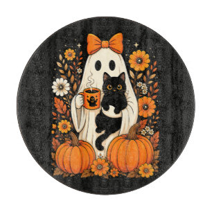 Groovy Halloween Ghost Holding Black Cat Floral Cutting Board