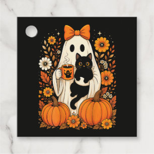 Groovy Halloween Ghost Holding Black Cat Floral Favour Tags