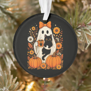 Groovy Halloween Ghost Holding Black Cat Floral Ornament