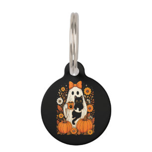 Groovy Halloween Ghost Holding Black Cat Floral Pet Tag