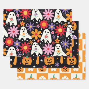 Groovy Halloween Ghosts Pumpkins and Flowers  Wrapping Paper Sheet