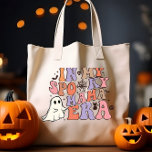 GROOVY HALLOWEEN IN MY SPOOKY MAMA ERA  TOTE BAG<br><div class="desc">This funny bag features a groovy Halloween-style font displaying the phrase 'IN MY SPOOKY MOM ERA' in enchanting pastel tan, cream, pink, and violet hues. Adorned with timeless Halloween decorations including skulls, spiders, a black cat, and spiderwebs, this bag is the perfect accessory to complete your Halloween or autumn outfit....</div>