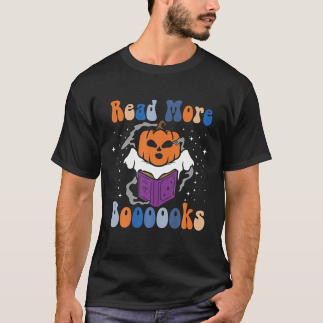 Groovy Halloween Read More Boooooks Pumpkin Ghost T-Shirt (Front)