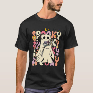 Groovy Halloween Retro Floral Spooky Black Cat Gho T-Shirt