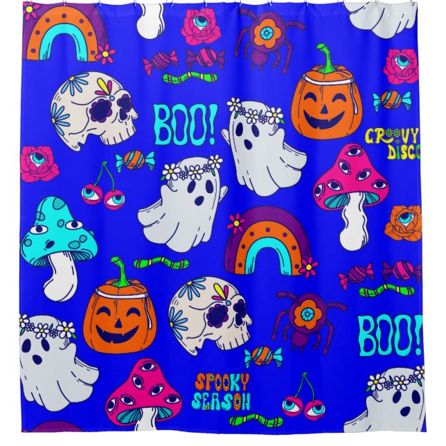 groovy halloween spooky disco creepy mushrooms shower curtain (Front)