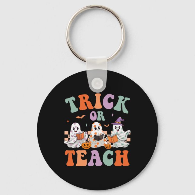 Groovy Halloween Trick Or Teach Floral Ghost Teach Key Ring (Front)
