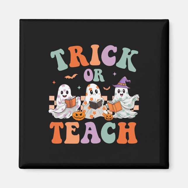 Groovy Halloween Trick Or Teach Floral Ghost Teach Magnet (Front)
