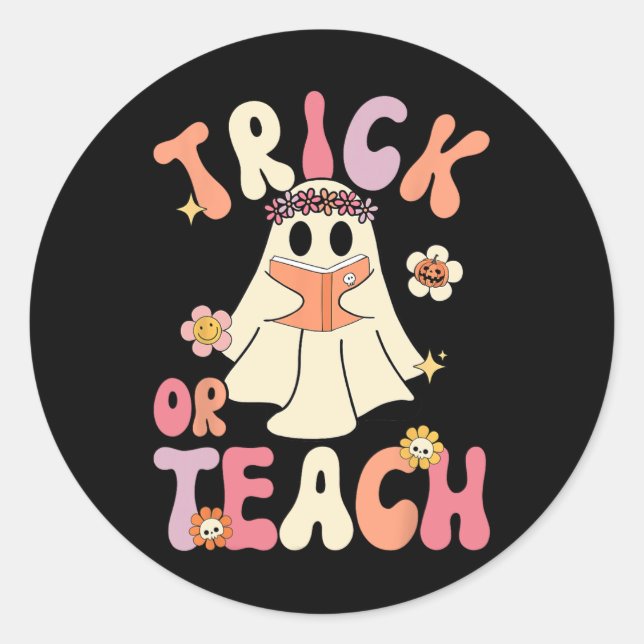 Groovy Halloween Trick or Teach Retro Floral Ghost Classic Round Sticker (Front)