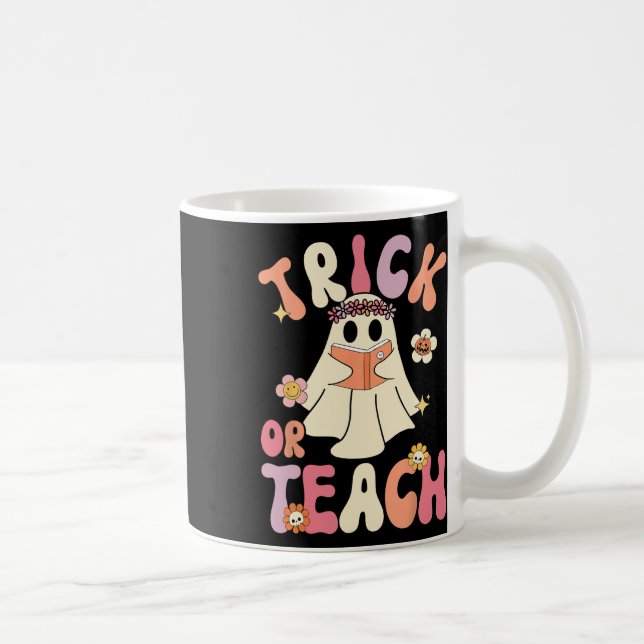 Groovy Halloween Trick Or Teach Retro Floral Ghost Coffee Mug (Right)