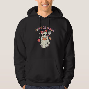 Groovy Halloween Trick Or Teach Retro Floral Ghost Hoodie