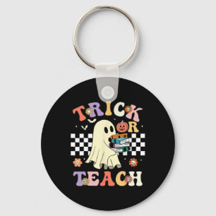Groovy Halloween Trick Or Teach Retro Floral Ghost Key Ring