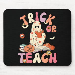 Groovy Halloween Trick or Teach Retro Floral Ghost Mouse Pad