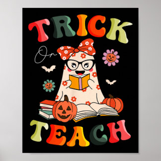 Groovy Halloween Trick or Teach Retro Floral Ghost Poster