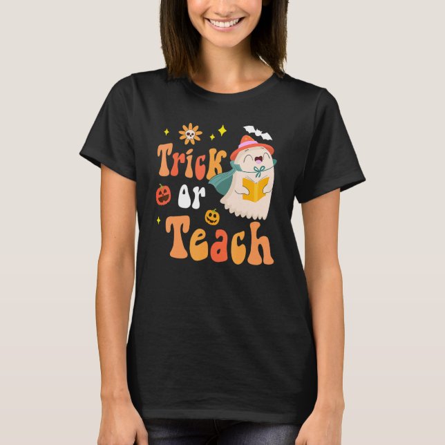 Groovy Halloween Trick or Teach Retro Floral Ghost T-Shirt (Front)