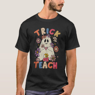 Groovy Halloween Trick Or Teach Retro Floral Ghost T-Shirt