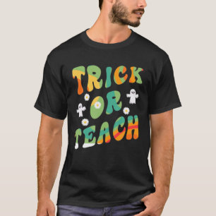 Groovy Halloween Trick Or Teach Retro Floral Ghost T-Shirt