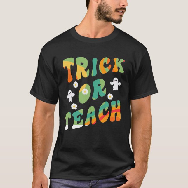 Groovy Halloween Trick Or Teach Retro Floral Ghost T-Shirt (Front)