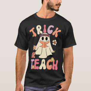 Groovy Halloween Trick Or Teach Retro Floral Ghost T-Shirt