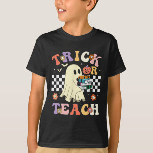 Groovy Halloween Trick Or Teach Retro Floral Ghost T-Shirt