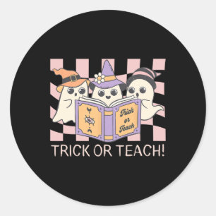 Groovy Halloween Trick or Teach Retro Ghost Teache Classic Round Sticker