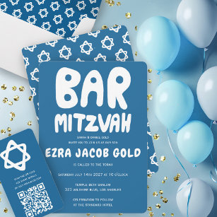Groovy Handlettering Custom Bar Mitzvah Blue Stars Invitation
