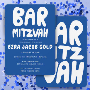 Groovy Handlettering Custom Bar Mitzvah Blue White Invitation
