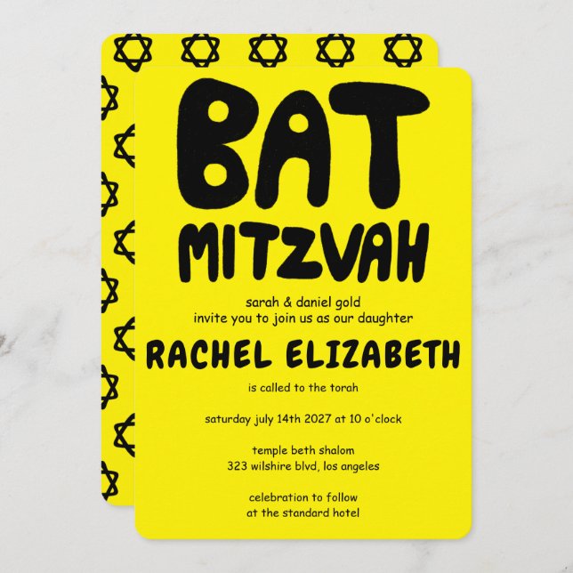 Groovy Handlettering Custom Bat Mitzvah Bold Stars Invitation (Front/Back)