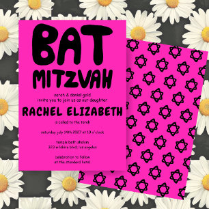 Groovy Handlettering Custom Bat Mitzvah Pink Stars Invitation
