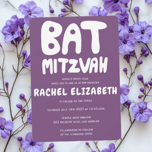 Groovy Handlettering Custom Bat Mitzvah Purple Invitation