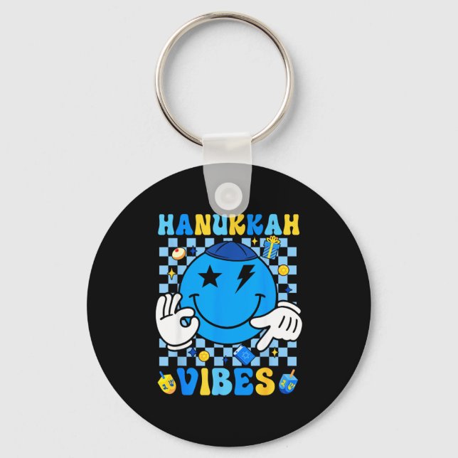 Groovy Hanukkah Vibes Chanukah Pajama Happy Hanukk Key Ring (Front)