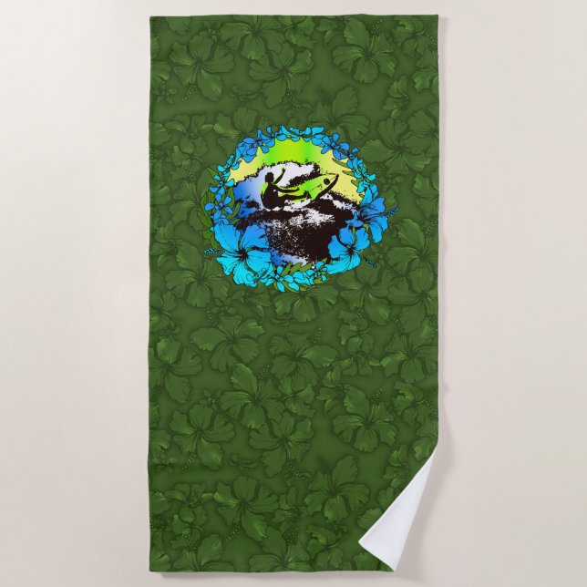 Groovy Hawaiian Surfer 1960s Retro Hibiscus -Olive Beach Towel (Front)