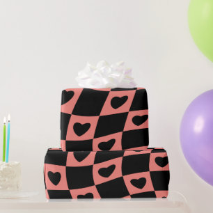 Groovy Heart Shape Chequerboard, Y2K 90s  Wrappin Wrapping Paper