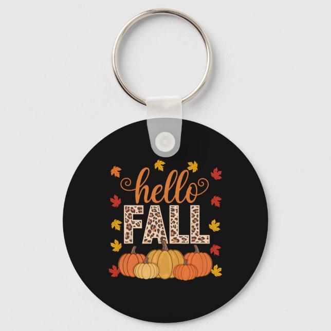 Groovy Hello Fall Autumn Maple Leaves Pumpkin Leop Key Ring (Front)