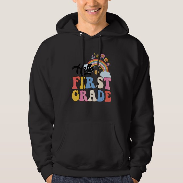Groovy Hello First Grade Rainbow Teachers Student  Hoodie (Front)