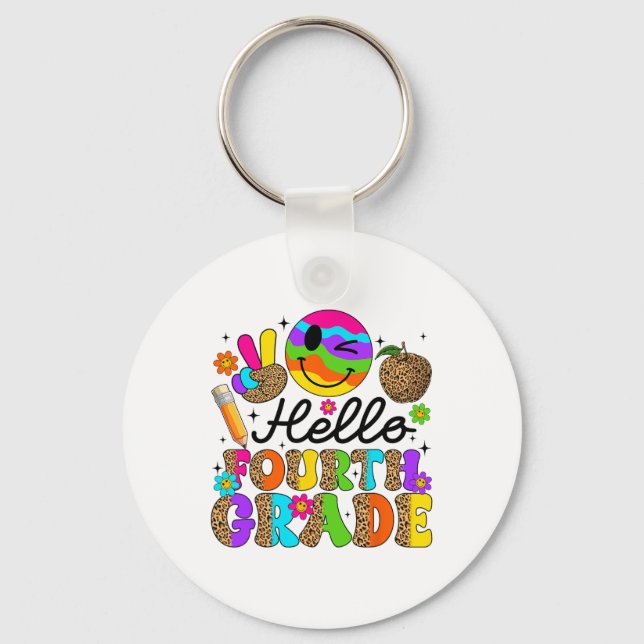 Groovy Hello Fourth Grade Students Leopard 1st Day Key Ring (Front)