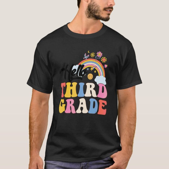 Groovy Hello Third Grade Rainbow Teachers Student  T-Shirt (Front)