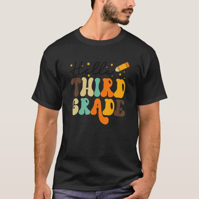Groovy Hello Third Grade Vibes Retro Teachers Back T-Shirt (Front)