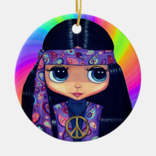 Groovy Hippie Chick in Purple Peace Sign Headband Ceramic Tree Decoration