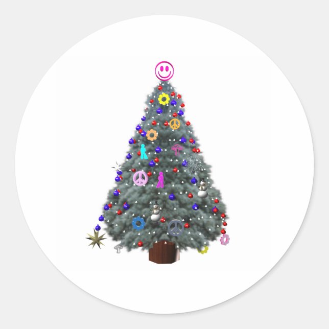Groovy Hippie Christmas Tree Classic Round Sticker (Front)