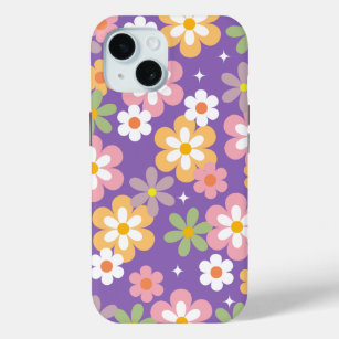 Groovy Hippie Daisy Pattern Purple iPhone 15 Case