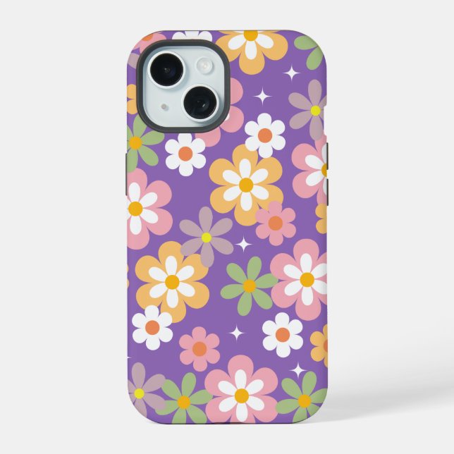Groovy Hippie Daisy Pattern Purple iPhone 15 Case (Back)