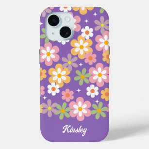 Groovy Hippie Daisy Pattern w/ Name Purple iPhone 15 Case
