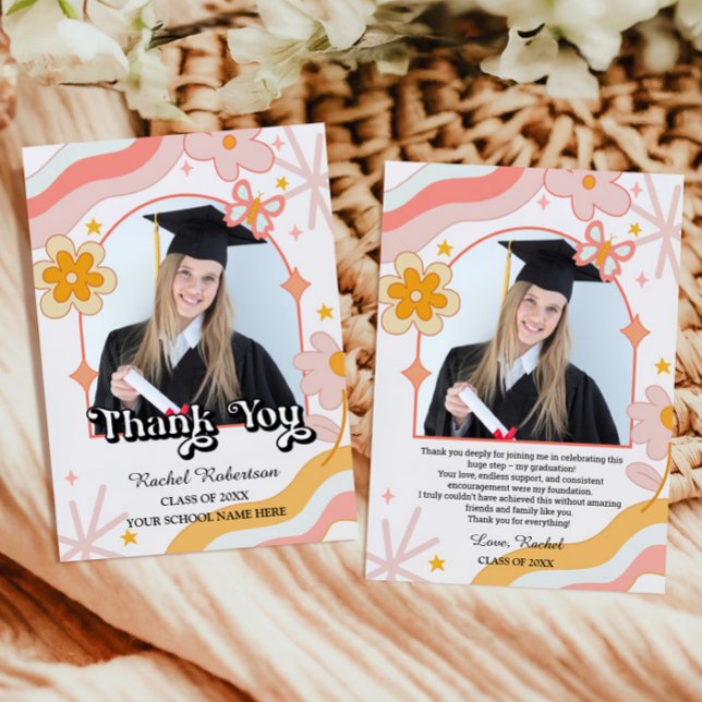 Groovy Hippie Floral Photo Graduate Thank You Card (Retro Groovy Floral Graduation Thank You Card with photo)