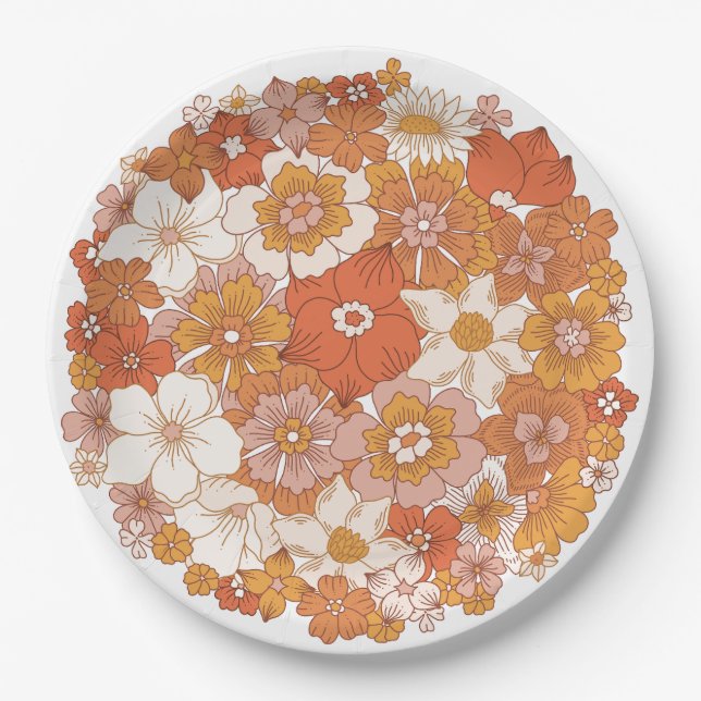 Groovy Hippie Floral Pink Orange Bridal Shower Paper Plate (Front)