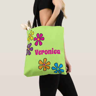 Groovy Hippie Flower Custom Name Tote Bag