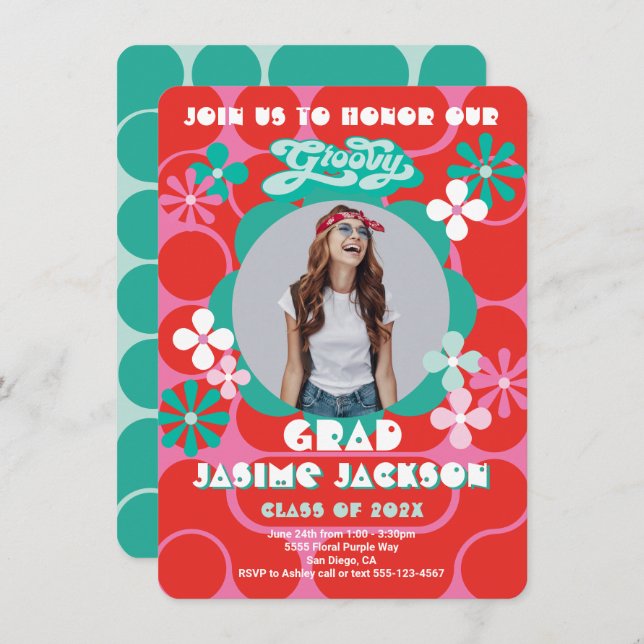 Groovy Hippie Flower Power Photo Graduation Party Invitation (Front/Back)