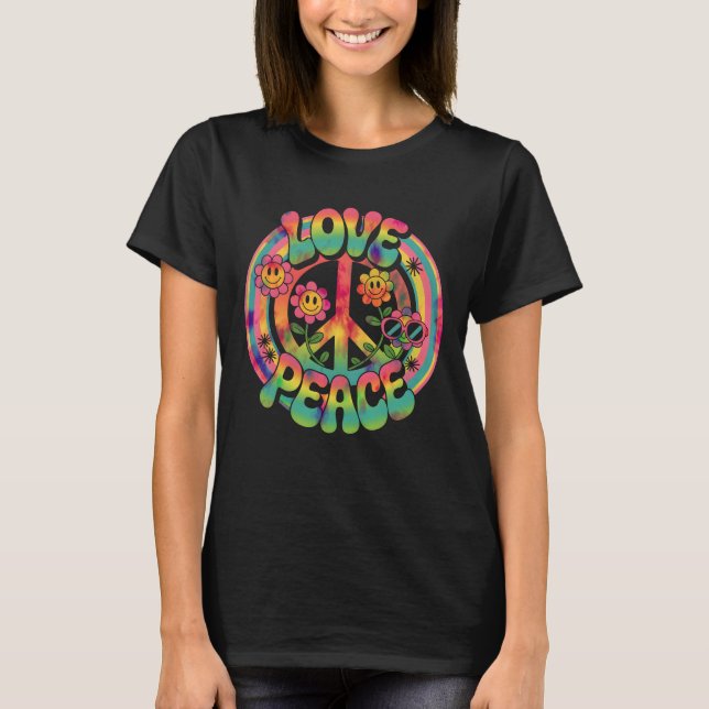 Groovy Hippie Love Peace Flowers Smiley Faces Rain T-Shirt (Front)