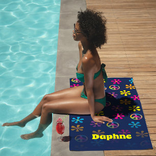 Groovy Hippie Peace and Flower Shower Custom Name Beach Towel