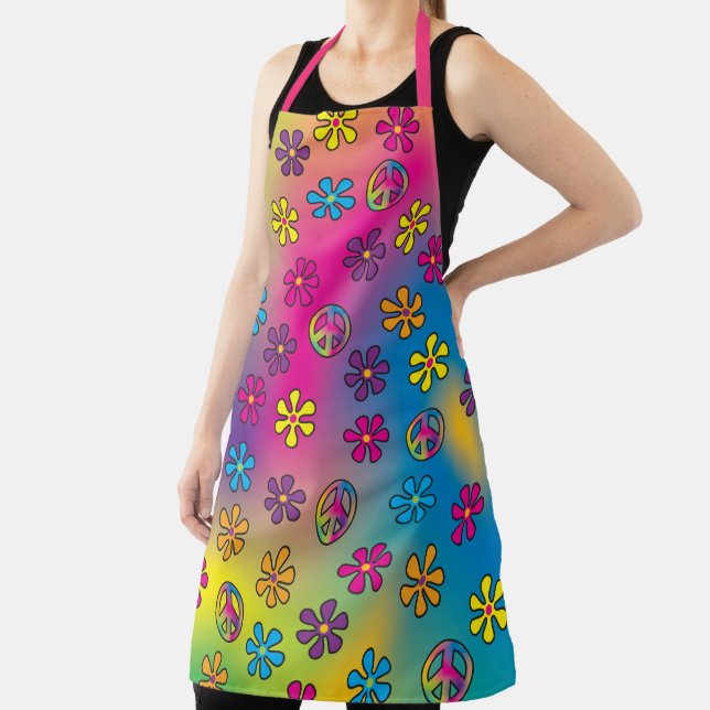 Groovy Hippie Peace and Flower Shower Tie Dye Apron (Insitu)