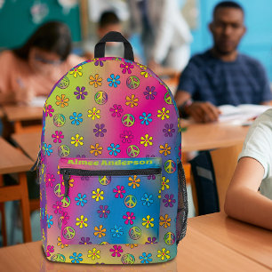 Groovy Hippie Peace and Flower Shower Tie Dye Printed Backpack